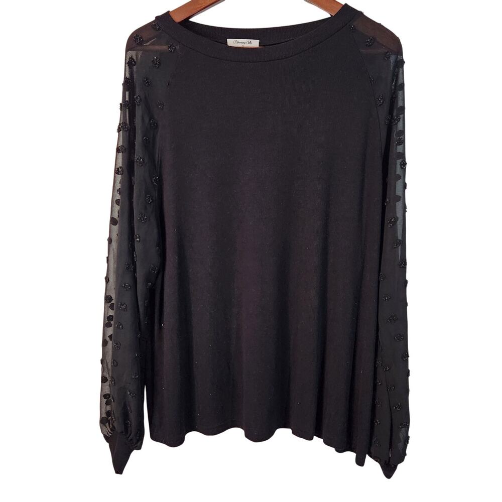 Black Mesh Long Sleeve Blouse Pom Pom Swiss Dot Raglan Sleeve Women's XL